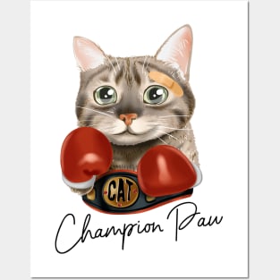 cat with boxing gloves and champion belt Posters and Art